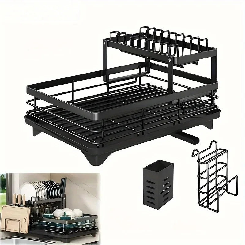 2 Tier Expandable Dish Drying Rack with Drain Board & Utensil Holder for Kitchen Countertop
