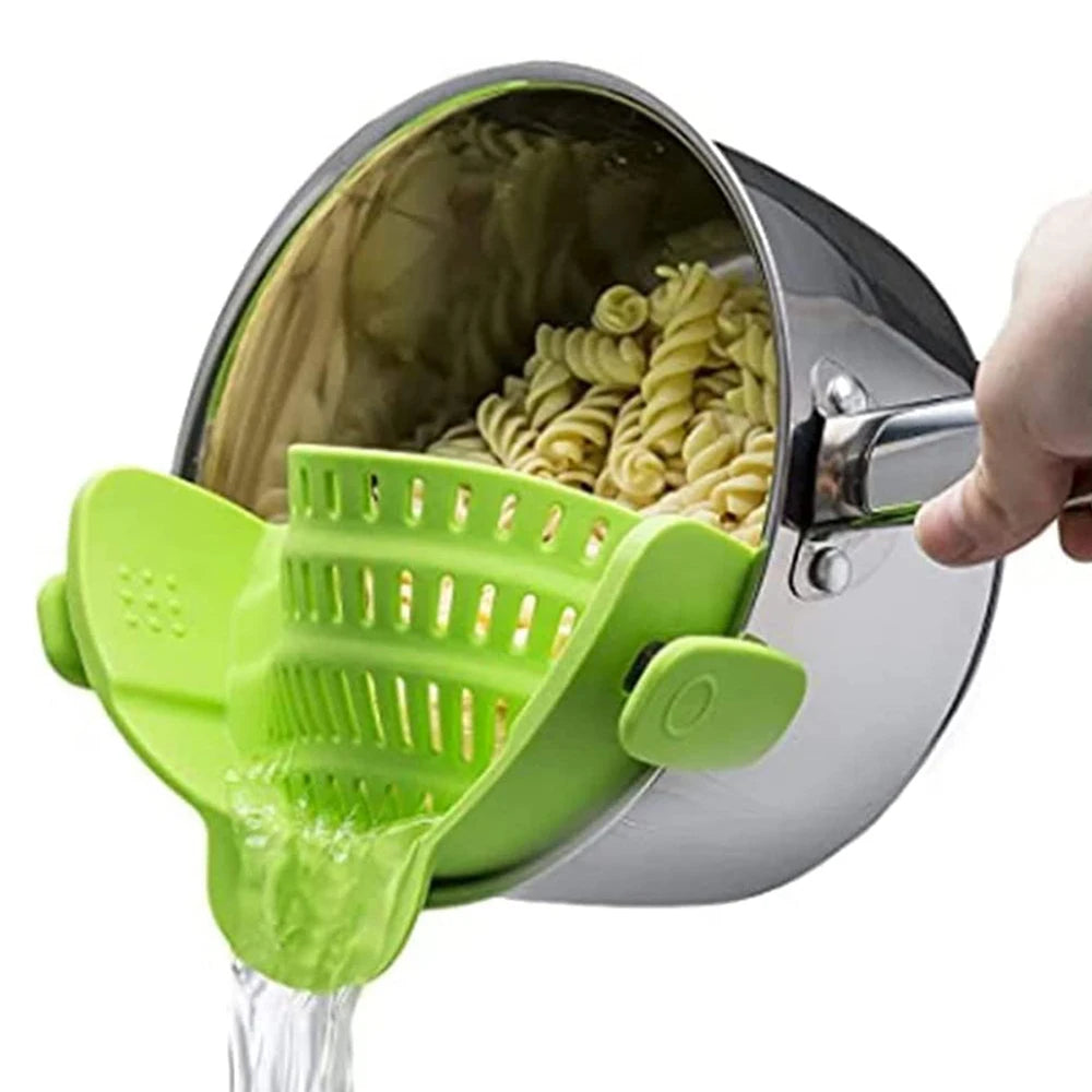 Silicone Clip On Pot Strainer for Pots & Pans – Heat Resistant Pasta and Vegetable Colander