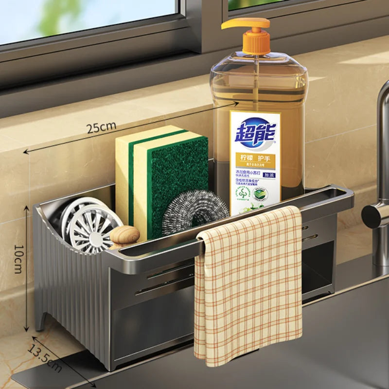 Auto Drain Sink Caddy Organizer with Soap Sponge Holder & Towel Rack for Kitchen & Bathroom