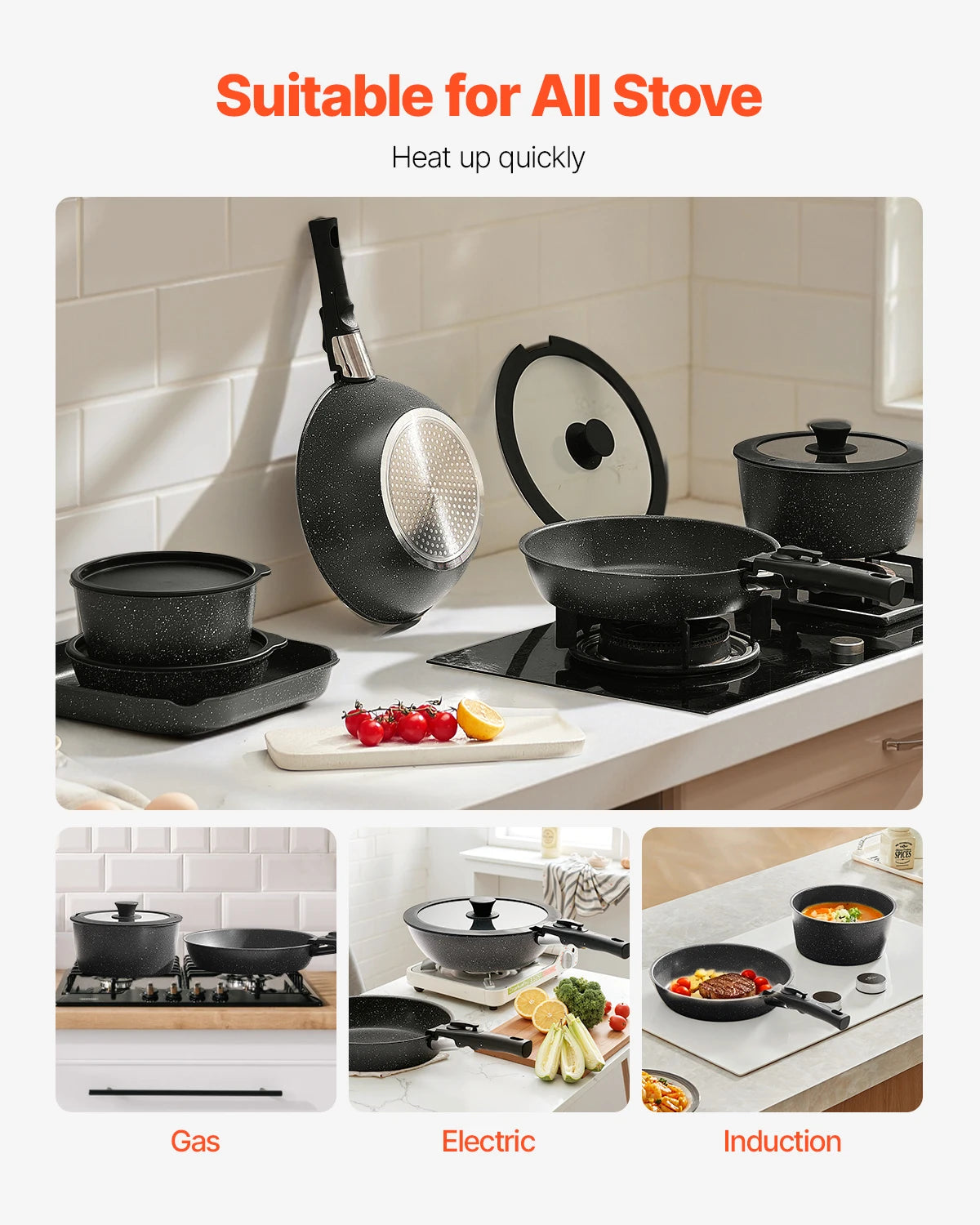17 Piece Nonstick Granite Cookware Set with Detachable Handles, Induction Compatible Pots and Pans Set