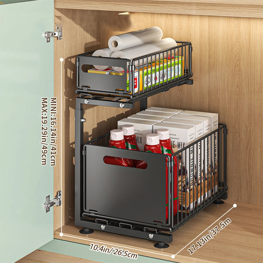 2 Tier Pull Out Under Sink Organizer with Adjustable Sliding Storage Shelves