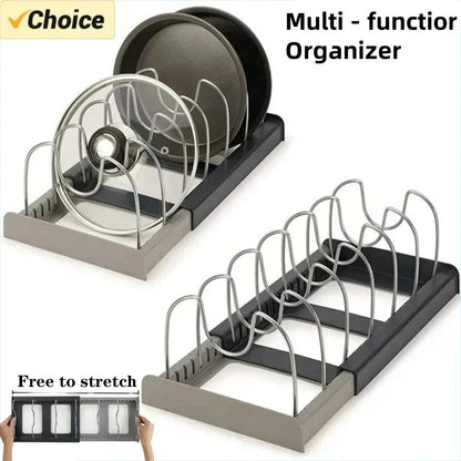 Expandable Pot and Pan Organizer Rack with 7 Adjustable Dividers for Cabinet Storage
