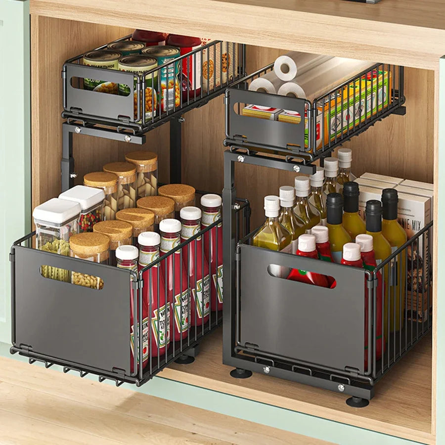 2 Tier Pull Out Under Sink Organizer with Adjustable Sliding Storage Shelves