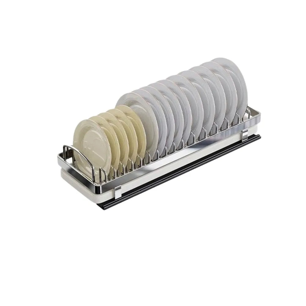 Pull Out Stainless Steel Dish Drying Rack with Drain Tray for Kitchen Cabinet Storage