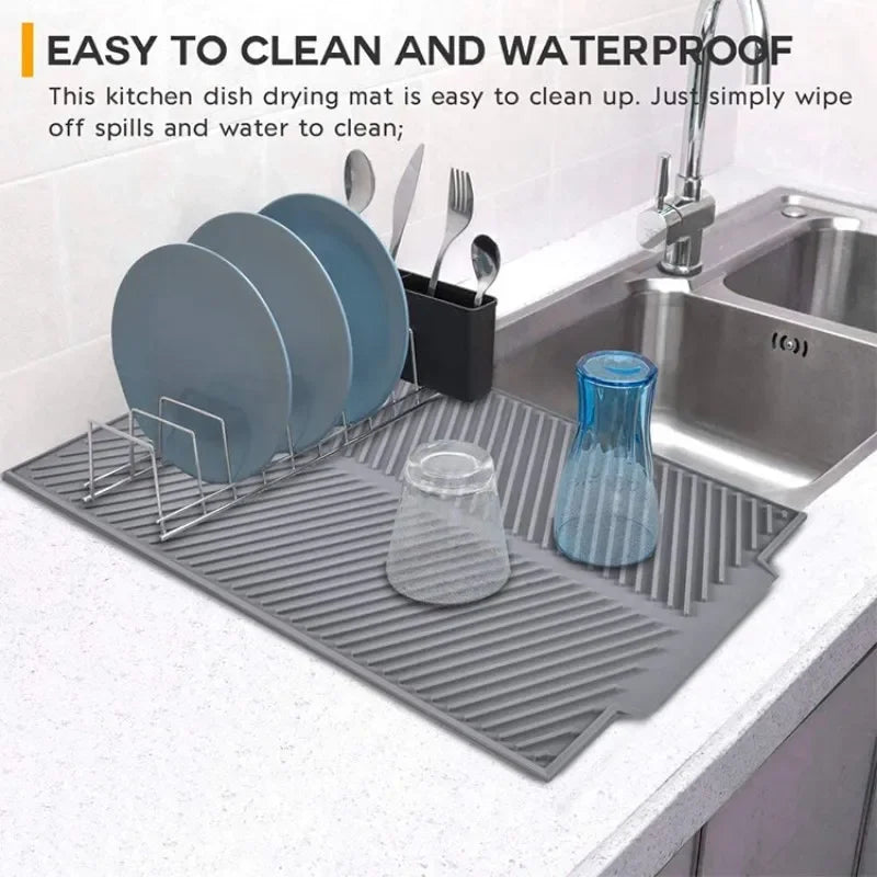 Silicone Dish Drying Mat with Drainage Grooves – Heat Resistant Kitchen Counter Drying Pad