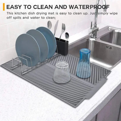 Silicone Dish Drying Mat with Drainage Grooves – Heat Resistant Kitchen Counter Drying Pad