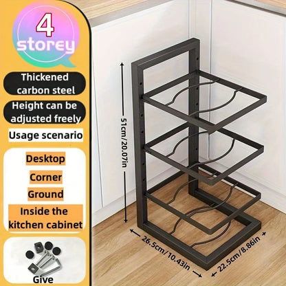 Adjustable Pot and Pan Organizer Rack for Kitchen Cabinets – Multi-Layer Carbon Steel Cookware Storage