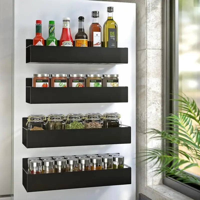 Magnetic Spice Rack Organizer for Refrigerator – 4 Pack Metal Kitchen Storage Shelves