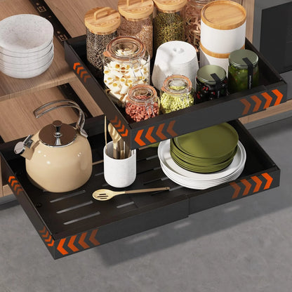 Expandable Pull Out Cabinet Organizer with 3 Slide Rails – No Drill Roll Out Storage Shelf