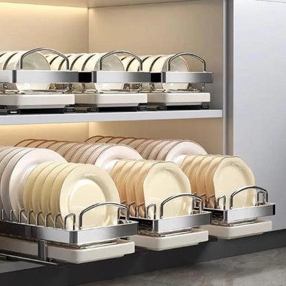 Pull Out Stainless Steel Dish Drying Rack with Drain Tray for Kitchen Cabinet Storage