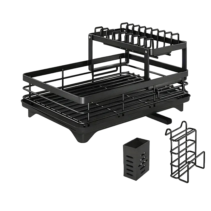 2 Tier Expandable Dish Drying Rack with Drain Board & Utensil Holder for Kitchen Countertop