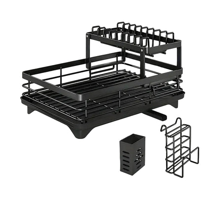 2 Tier Expandable Dish Drying Rack with Drain Board & Utensil Holder for Kitchen Countertop