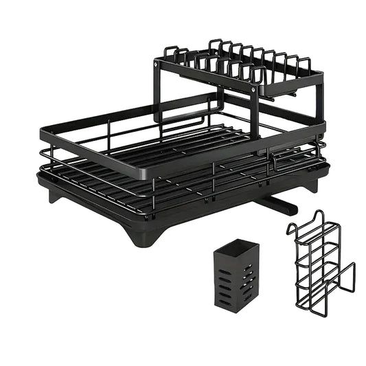 2 Tier Expandable Dish Drying Rack with Drain Board & Utensil Holder for Kitchen Countertop