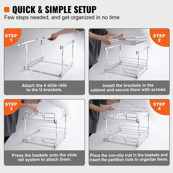 2 Tier Pull Out Cabinet Organizer with Heavy Duty Sliding Pantry Shelves