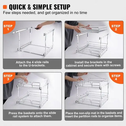 2 Tier Pull Out Cabinet Organizer with Heavy Duty Sliding Pantry Shelves