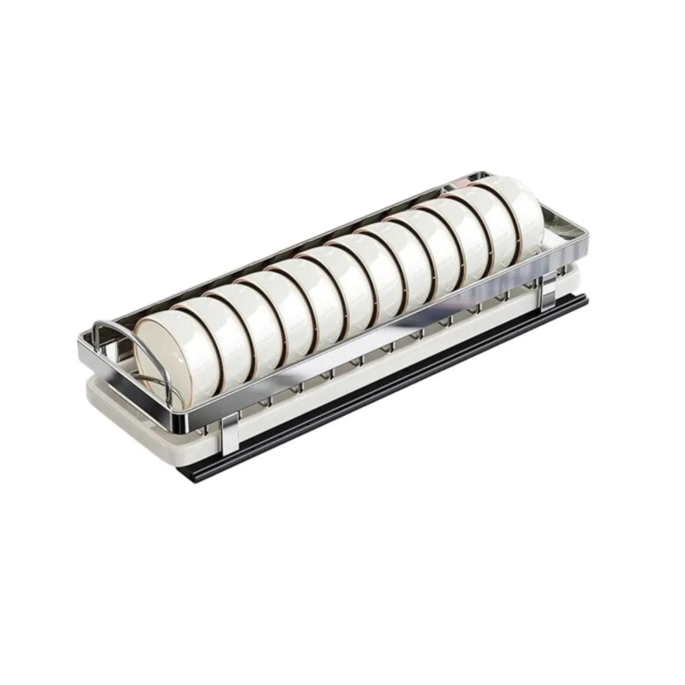 Pull Out Stainless Steel Dish Drying Rack with Drain Tray for Kitchen Cabinet Storage