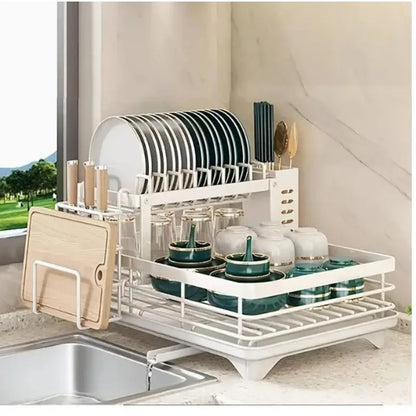 2 Tier Expandable Dish Drying Rack with Drain Board & Utensil Holder for Kitchen Countertop