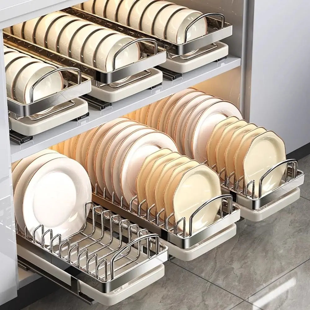 Pull Out Stainless Steel Dish Drying Rack with Drain Tray for Kitchen Cabinet Storage