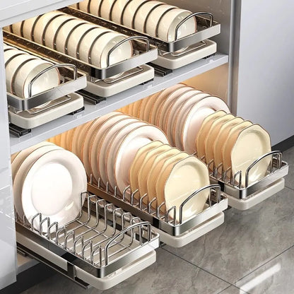 Pull Out Stainless Steel Dish Drying Rack with Drain Tray for Kitchen Cabinet Storage