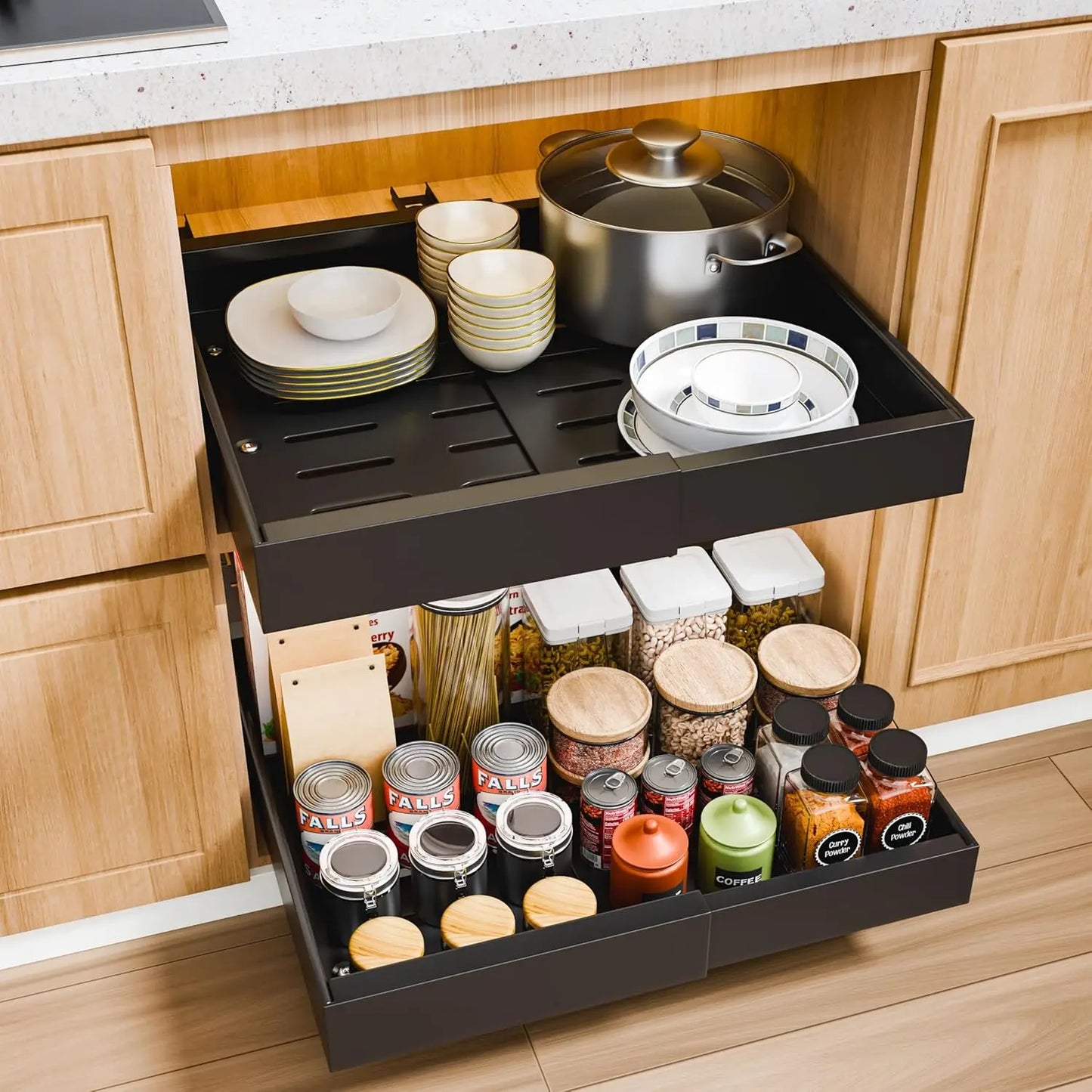 Expandable Pull Out Cabinet Organizer with 3 Slide Rails – No Drill Roll Out Storage Shelf
