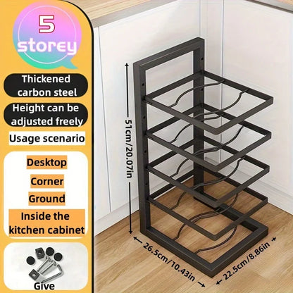 Adjustable Pot and Pan Organizer Rack for Kitchen Cabinets – Multi-Layer Carbon Steel Cookware Storage