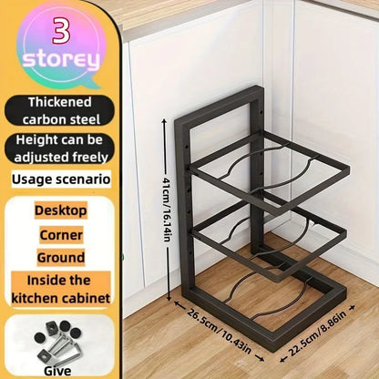 Adjustable Pot and Pan Organizer Rack for Kitchen Cabinets – Multi-Layer Carbon Steel Cookware Storage