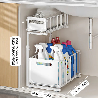 2 Tier Pull Out Under Sink Organizer with Adjustable Sliding Storage Shelves