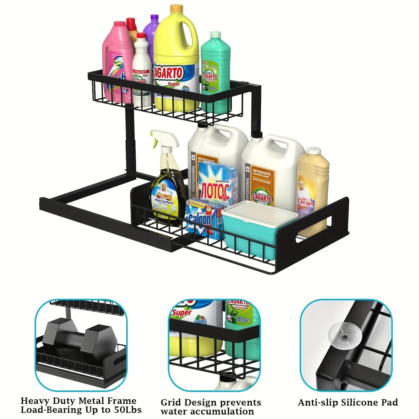 2 Tier Pull Out Under Sink Organizer with Sliding Cabinet Storage Shelves for Kitchen & Bathroom
