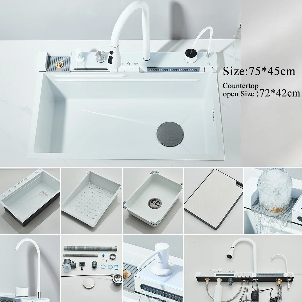 304 Stainless Steel Waterfall Kitchen Sink with Digital Display Faucet, Cup Washer & Soap Dispenser