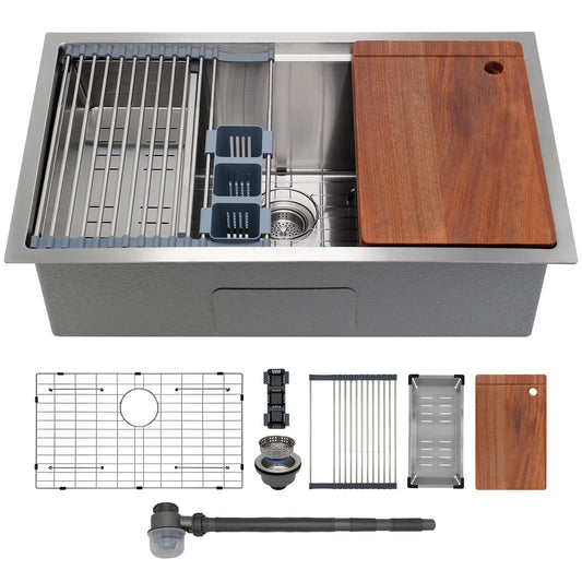 32 Inch Undermount Single Bowl Stainless Steel Kitchen Sink with Cutting Board & Bottom Grid