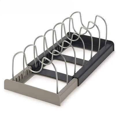 Expandable Pot and Pan Organizer Rack with 7 Adjustable Dividers for Cabinet Storage