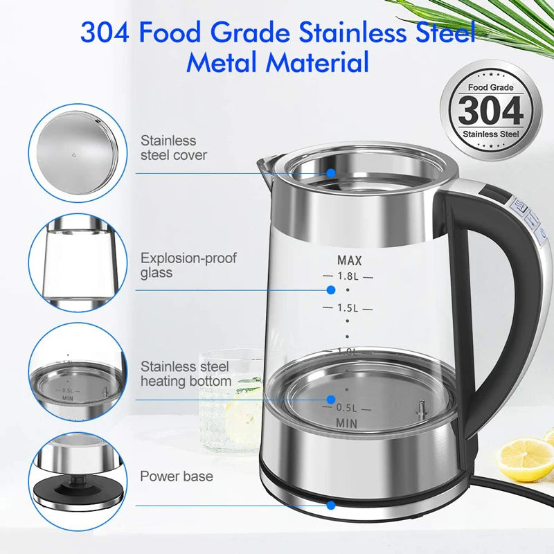 1.8L Electric Glass Kettle with Temperature Control, LED Blue Light & Auto Shut-Off