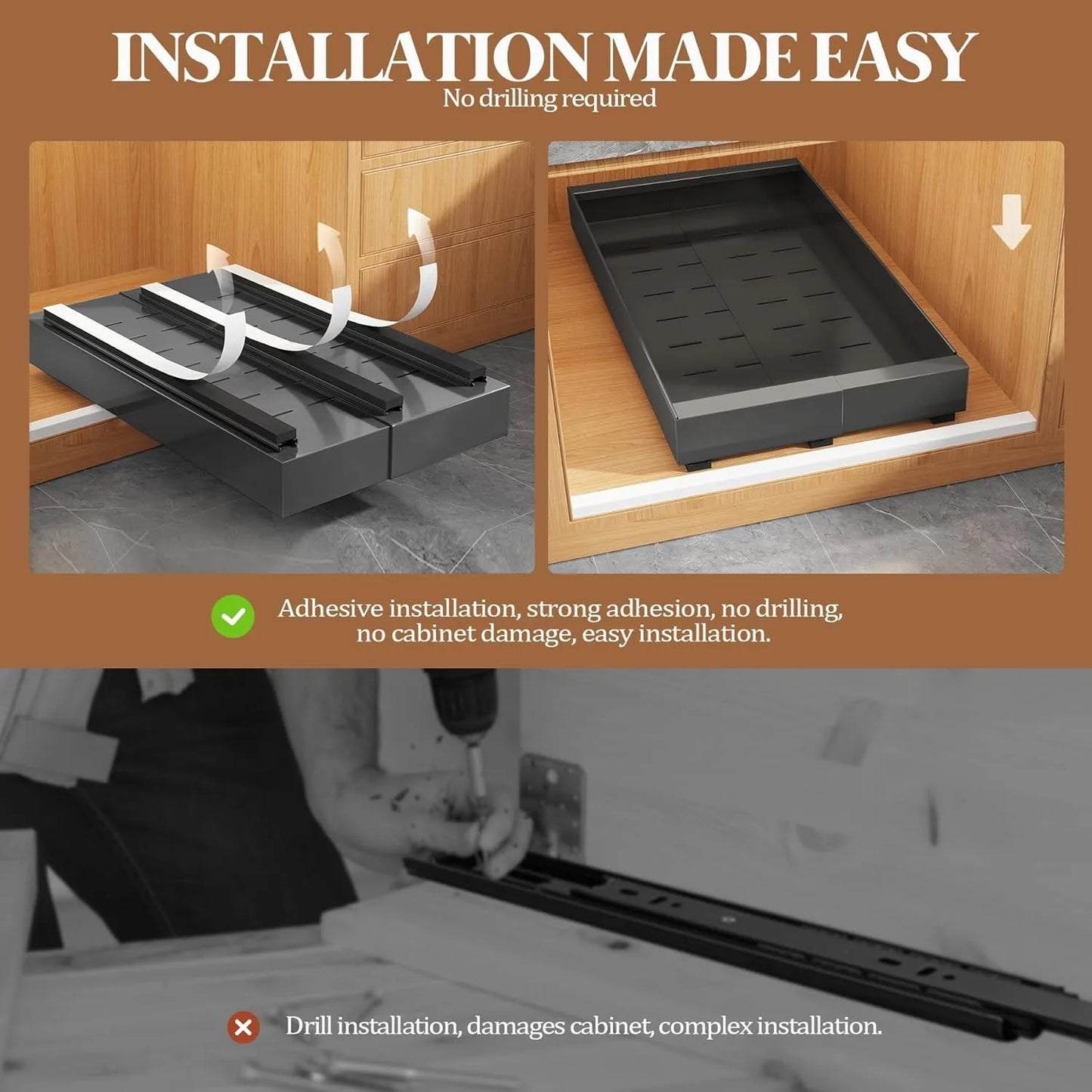 Expandable Pull Out Cabinet Organizer with 3 Slide Rails – No Drill Roll Out Storage Shelf