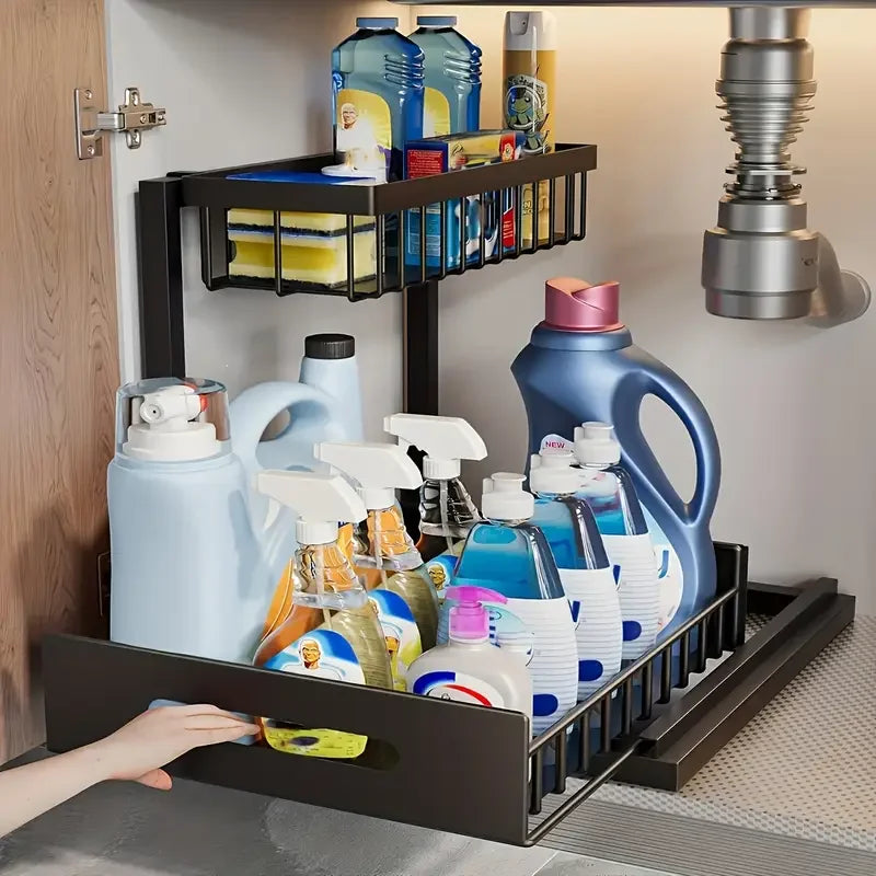 2 Tier Pull Out Under Sink Organizer with Sliding Cabinet Storage Shelves for Kitchen & Bathroom