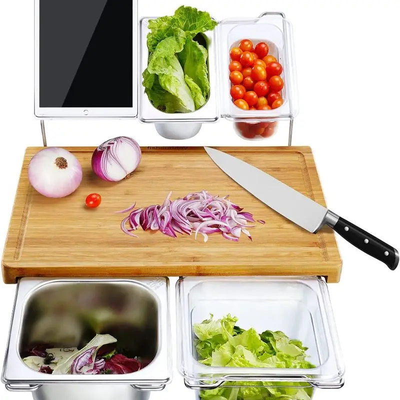 Expandable Bamboo Cutting Board Set with Storage Trays & Containers for Kitchen Food Prep