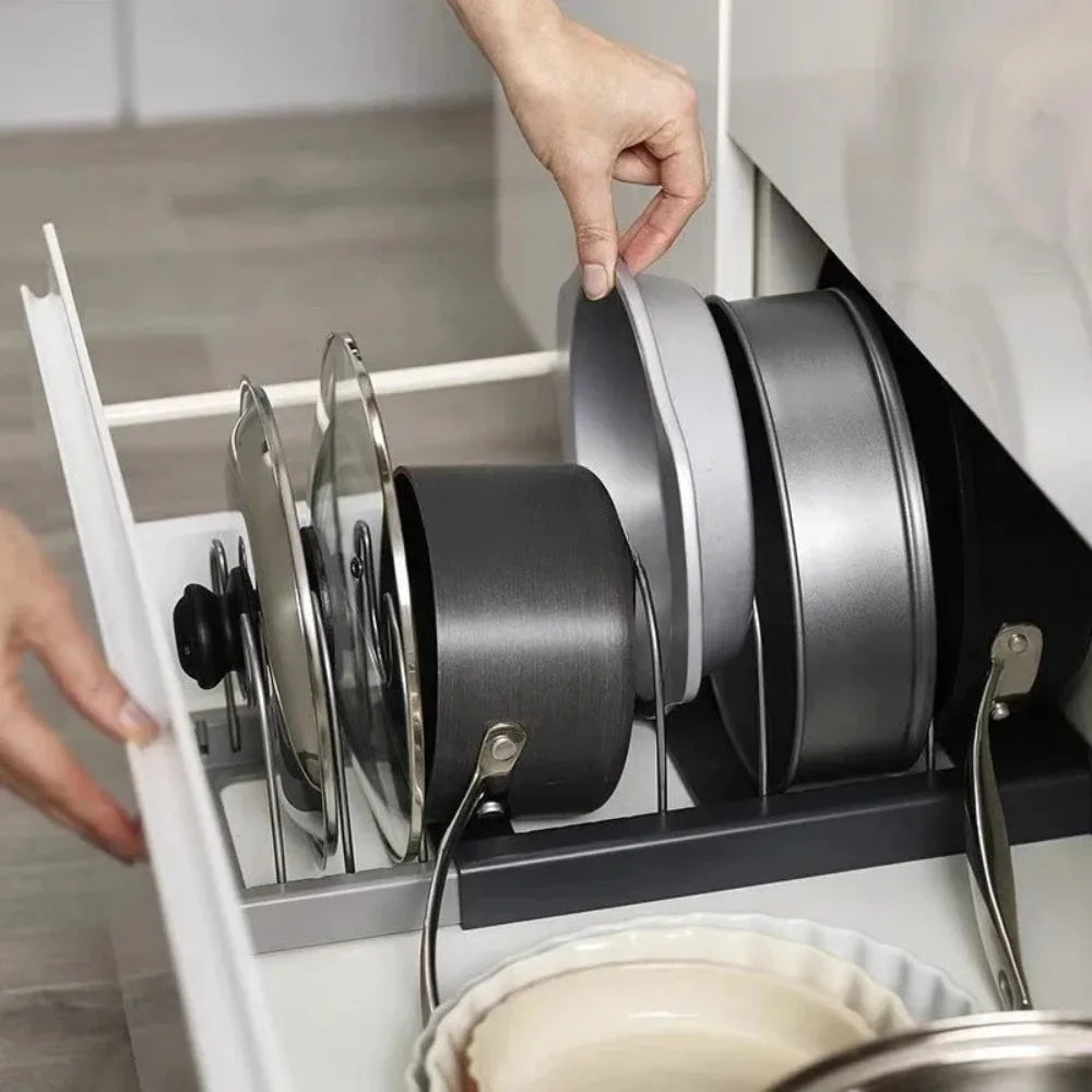 Expandable Pot and Pan Organizer Rack with 7 Adjustable Dividers for Cabinet Storage