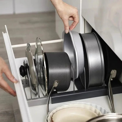 Expandable Pot and Pan Organizer Rack with 7 Adjustable Dividers for Cabinet Storage