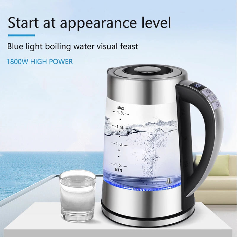 1.8L Electric Glass Kettle with Temperature Control, LED Blue Light & Auto Shut-Off