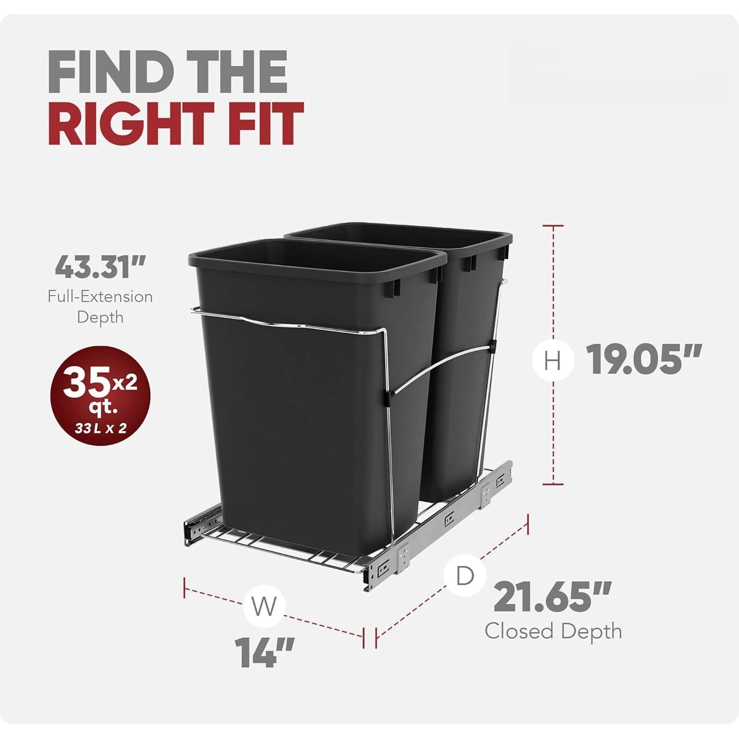 Double Pull Out Trash Can for Kitchen Cabinet with Soft Close Slides – 35 Qt Dual Recycling Bin