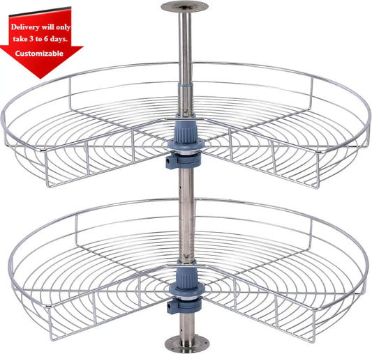 28 Inch Kidney Shape Lazy Susan Corner Cabinet Organizer with 2 Rotating Shelves – Chrome Finish