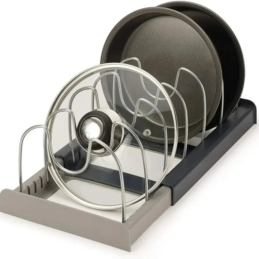 Expandable Pot and Pan Organizer Rack with 7 Adjustable Dividers for Cabinet Storage