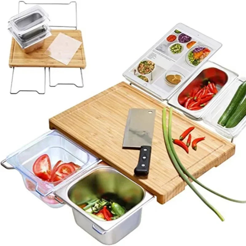 Expandable Bamboo Cutting Board Set with Storage Trays & Containers for Kitchen Food Prep