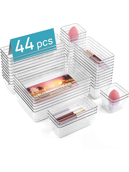 44 Piece Clear Drawer Organizer Set with Adjustable Storage Bins for Kitchen, Bathroom & Office