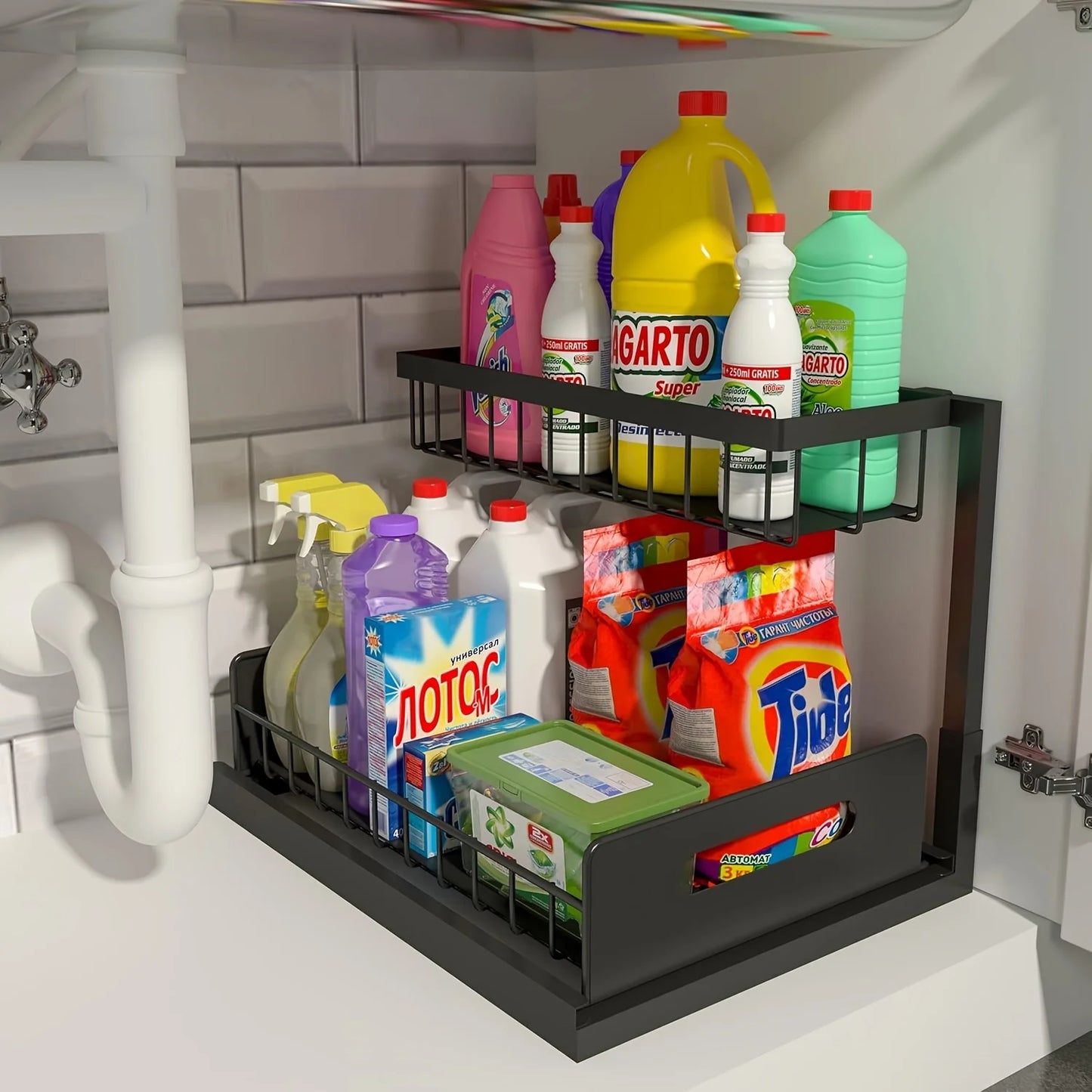 2 Tier Pull Out Under Sink Organizer with Sliding Cabinet Storage Shelves for Kitchen & Bathroom