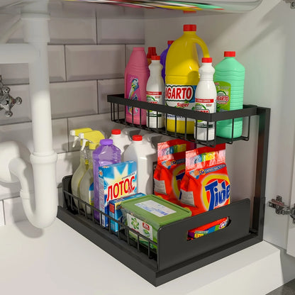 2 Tier Pull Out Under Sink Organizer with Sliding Cabinet Storage Shelves for Kitchen & Bathroom
