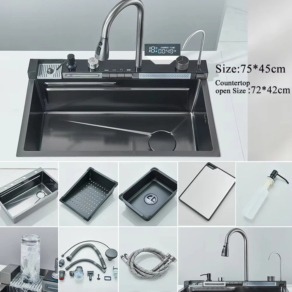 304 Stainless Steel Waterfall Kitchen Sink with Digital Display Faucet, Cup Washer & Soap Dispenser