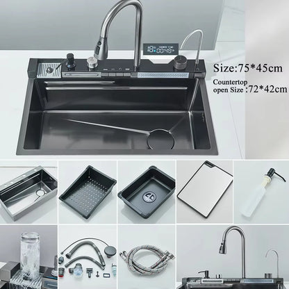 304 Stainless Steel Waterfall Kitchen Sink with Digital Display Faucet, Cup Washer & Soap Dispenser