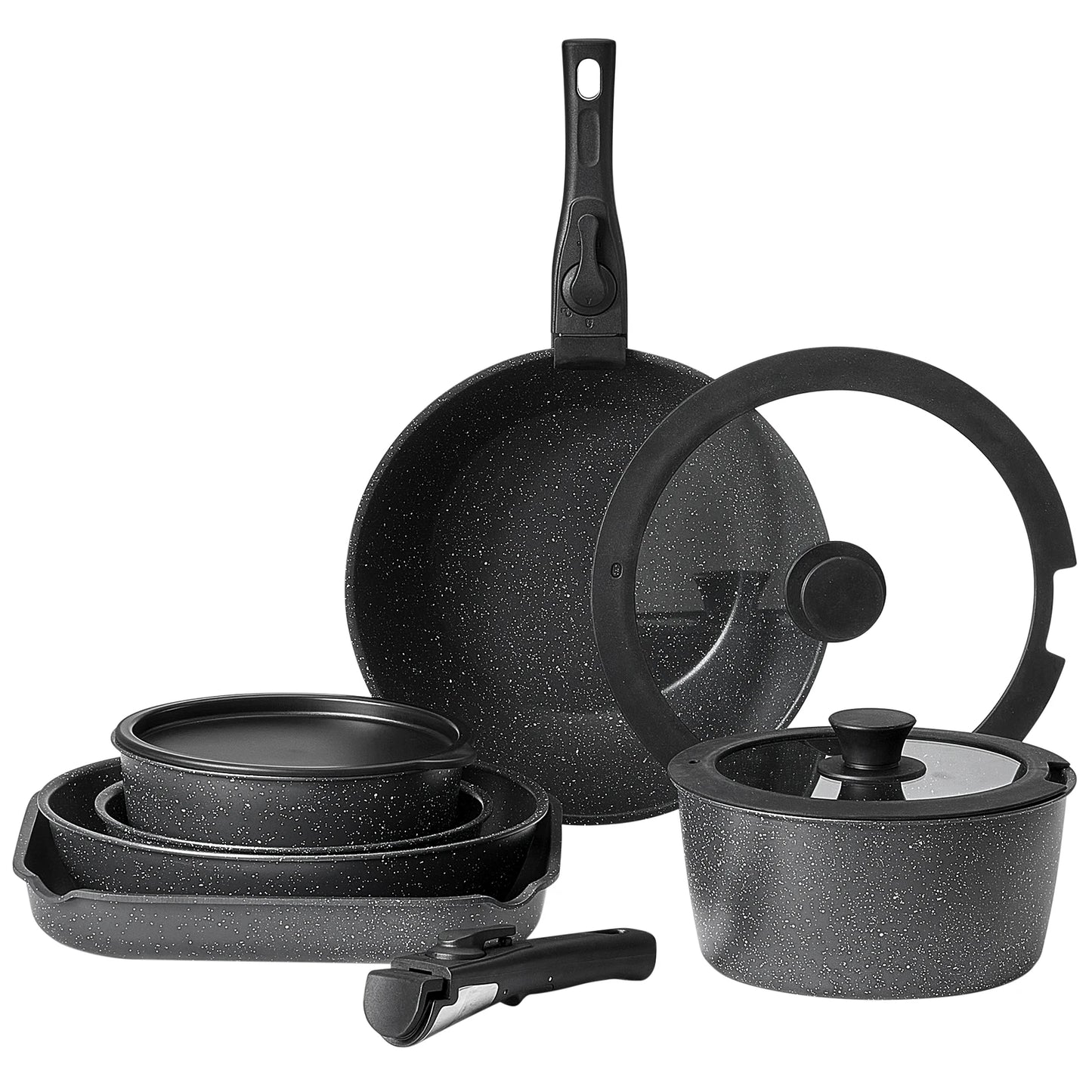17 Piece Nonstick Granite Cookware Set with Detachable Handles, Induction Compatible Pots and Pans Set