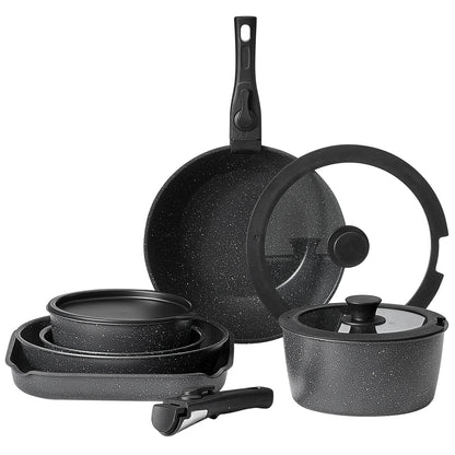 17 Piece Nonstick Granite Cookware Set with Detachable Handles, Induction Compatible Pots and Pans Set