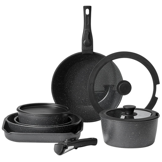 17 Piece Nonstick Granite Cookware Set with Detachable Handles, Induction Compatible Pots and Pans Set